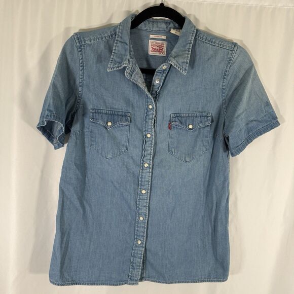 Levis Pearl Snap Women's Medium Light Wash Denim Short Sleeve Cotton - Picture 1 of 10
